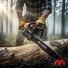 A person is using a chainsaw to cut a log in a forest. Produktbild-Vorschau