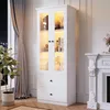 A white display cabinet with glass doors and two drawers, lit from within, standing next to a fireplace and a large potted plant near a window. Produktbild-Vorschau