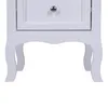 A close-up view of the bottom part of a white nightstand, showing its curved legs and the bottom of a drawer. Produktbild-Vorschau
