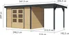 A diagram showing the dimensions of a wooden garden shed with an attached canopy. Produktbild-Vorschau