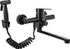 A black kitchen faucet with a side sprayer and a coiled hose, shown against a white background. Náhled obrázku produktu