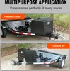 Two images of a trailer hitch cargo box mounted on different trailers, with text overlays. Podgląd zdjęcia produktu