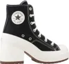 A black Converse Chuck 70 De Luxe Heel shoe with a white platform sole and brown outsole, shown from the side against a white background. Produktbild-Vorschau
