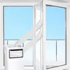 A portable air conditioner with two exhaust hoses connected to a window sealing kit, set against a bright blue sky. Produktbild-Vorschau