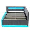 A modern bed frame with a gray upholstered headboard and frame, featuring blue LED lighting along the headboard and base. Produktbild-Vorschau