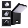 A collage showing a black LED outdoor wall light with a motion sensor, along with close-up views of the motion sensor. Produktbild-Vorschau