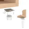 An exploded view showing the assembly of furniture legs to wooden furniture components, including mounting plates and screws. Produktbild-Vorschau