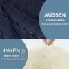 Geteiltes Bild mit Nahaufnahme von dunkelblauem Denim-Stoff, beschriftet mit 'OUTER', und cremefarbenem Sherpa-Fleece-Stoff, beschriftet mit 'INNER' Anteprima dell’immagine prodotto