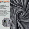 A close-up of a gray plush blanket with text and a circular inset showing pockets with items. Produktbild-Vorschau