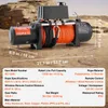 A VEVOR electric winch is displayed on a rocky, desert-like surface with measurement annotations. Náhled obrázku produktu
