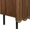 A close-up view of the bottom section of a wooden sideboard, showing its legs and decorative doors. Voir les images du produit