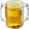 Three glass jars, one filled with a golden liquid and two empty, are arranged on a white background. Voir les images du produit