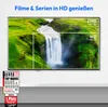 A television screen displaying a waterfall scene, with overlays indicating different resolutions (FHD and HD). Below the screen, there is a marketing award badge. Produktbild-Vorschau