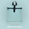 A mint green backpack with black accents is shown against a light blue background. Produktbild-Vorschau