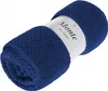 A rolled-up navy blue blanket with a white label wrapped around it. Podgląd zdjęcia produktu