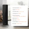 A tall, black diffuser is shown next to a stack of firewood, with a table and plants in the background. A white overlay displays product specifications. Anteprima dell’immagine prodotto