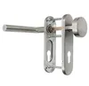 A stainless steel door handle set with a keyhole escutcheon plate, shown disassembled. Produktbild-Vorschau