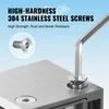 A close-up of a stainless steel glass clamp being tightened with an Allen wrench, with text highlighting the product's features. Voir les images du produit