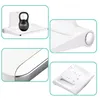 A collage of four close-up images showcasing different aspects of a white shower seat, including its weight capacity, a detail of its construction, a close-up of its edge, and the underside mounting plate. Produktbild-Vorschau