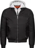 A black bomber jacket with a gray hood layered underneath, shown from the front. Produktbild-Vorschau