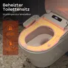 A close-up view of a smart toilet seat with heating elements illuminated, showing a digital temperature display and a remote control. Podgląd zdjęcia produktu