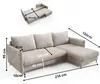 A diagram showing the dimensions of a beige sectional sofa, with a smaller inset image of the sofa in a folded or bed configuration. Produktbild-Vorschau