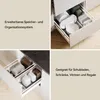 Collage of images showing kitchen drawer organizers with different items like plates, bowls, and containers. Produktbild-Vorschau