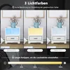 A collage showing a white nightstand with LED lighting in three different colors (blue, yellow, and white) and a brightness slider. Produktbild-Vorschau