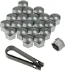 A collection of gray lug nut caps and a tool for applying them, arranged on a white background. Anteprima dell’immagine prodotto