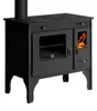 A black wood-burning stove with a glass oven door and a fire visible in a separate compartment. Náhled obrázku produktu