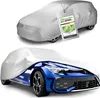 Two images of a car covered with a silver car cover. The top image shows the entire car cover with a tag attached. The bottom image shows the front of a blue car partially covered by a silver car cover. Anteprima dell’immagine prodotto