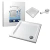 A white square shower tray with a drain and a separate drain assembly are shown, along with a product box. Produktbild-Vorschau