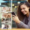 A woman is smiling while looking at her smartphone, with multiple small images of different scenarios displayed on the left side of the screen. Produktbild-Vorschau
