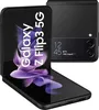 A black Samsung Galaxy Z Flip3 5G smartphone is shown open and closed, with its screen displaying promotional text and graphics. Produktbild-Vorschau