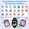 A collage showing icons of various smart watch functions and three smart watches in different colors. Produktbild-Vorschau