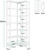 A white corner shelving unit with dimensions shown, alongside a graphic comparison to human height. Anteprima dell’immagine prodotto