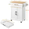 A white kitchen cart with a wooden top, shown with dimensions indicated by measurement lines and text. Produktbild-Vorschau