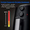 A close-up of a black air fryer with a silver handle, featuring control dials and a red indicator light. To the left, a graphic thermometer illustrates temperature ranges from 80°C to 200°C, accompanied by descriptive German text about cooking flexibility. Produktbild-Vorschau