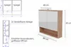 Technical drawings and a perspective view of a cabinet with mirrored doors and an open shelf. Produktbild-Vorschau