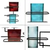 A collage of four images showing different views of a metal wine rack with red and blue glass inserts. Náhled obrázku produktu