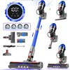 A collage of images showcasing a cordless vacuum cleaner and its accessories, with a digital display showing battery percentage. Voir les images du produit