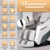 A white and gray massage chair with various icons and text describing its features. Produktbild-Vorschau