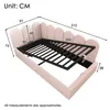 A pink upholstered bed frame with dimensions indicated by measurement lines and numbers. Podgląd zdjęcia produktu