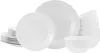 A set of white ceramic plates and bowls stacked and arranged on a white background. Produktbild-Vorschau