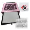A pink nail dust collector with a filter is shown, with a close-up inset of a control knob. Anteprima dell’immagine prodotto