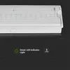 A close-up view of an LED emergency light fixture with accompanying text and icons. Produktbild-Vorschau