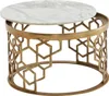 A round coffee table with a marble top and a gold metal base with a geometric pattern. Produktbild-Vorschau