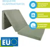A folded mattress is shown with marketing text and icons highlighting product features. Produktbild-Vorschau
