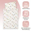 A flat lay of a baby duvet and pillow with a woodland animal pattern, alongside marketing icons detailing product features. Produktbild-Vorschau