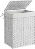A white woven laundry basket with a lid and a fabric liner. Produktbild-Vorschau